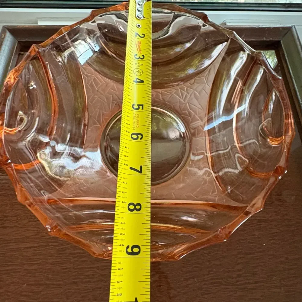 Vintage Pink Pressed Glass Bowl Made in Poland Art Deco Scalloped Edge